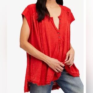 Free People Oversized Henley Tunic Top Orange Linen Cotton Cap Sleeve Size Large